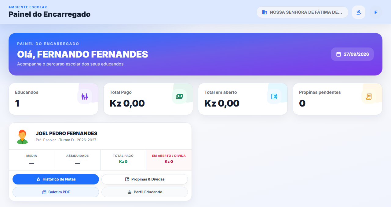 Painel do encarregado com notas e avisos